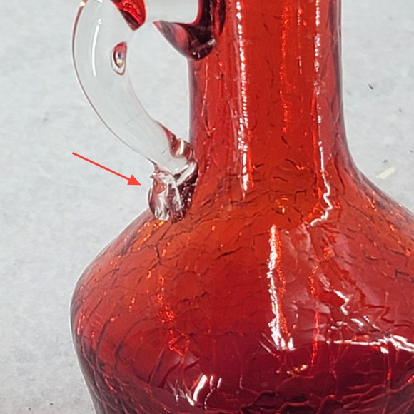 Kanawha Red Crackle Glass Pitcher w/ Applied Clear Handle Decorative Home Decor - Picture 2 of 2